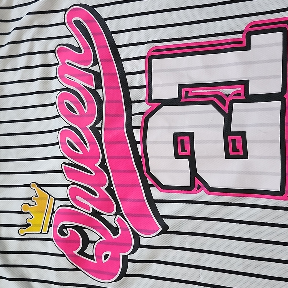 F of NY Queen Graphic Striped Baseball Styled Button Up Shirt- Pink & Black; 2X - Picture 8 of 12